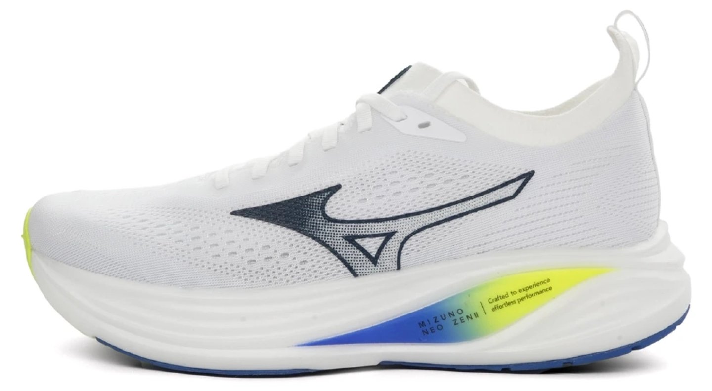 Mizuno Neo Zen 2 running shoe in white with navy Mizuno logo and blue-to-yellow gradient midsole accent, lateral view