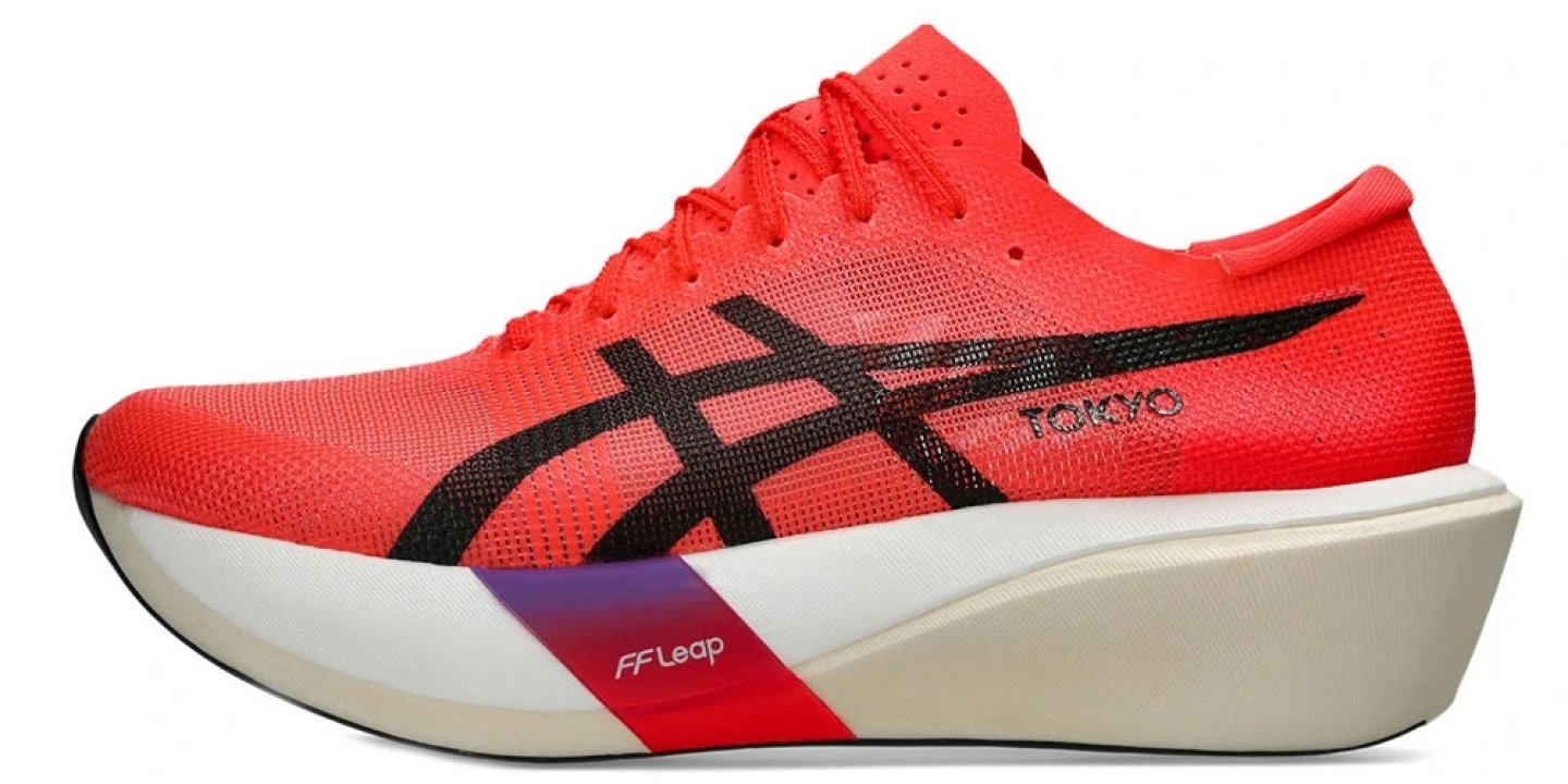 Asics Metaspeed Edge Sky Tokyo running shoe in red and black with FFLeap midsole, lateral view