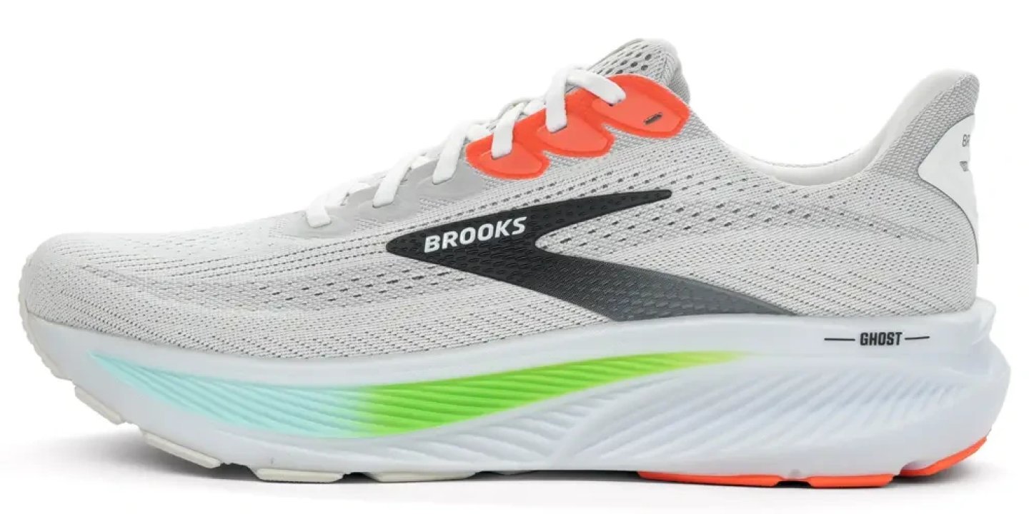 Brooks Ghost 17 running shoe in white, grey, green and orange colourway, lateral side view