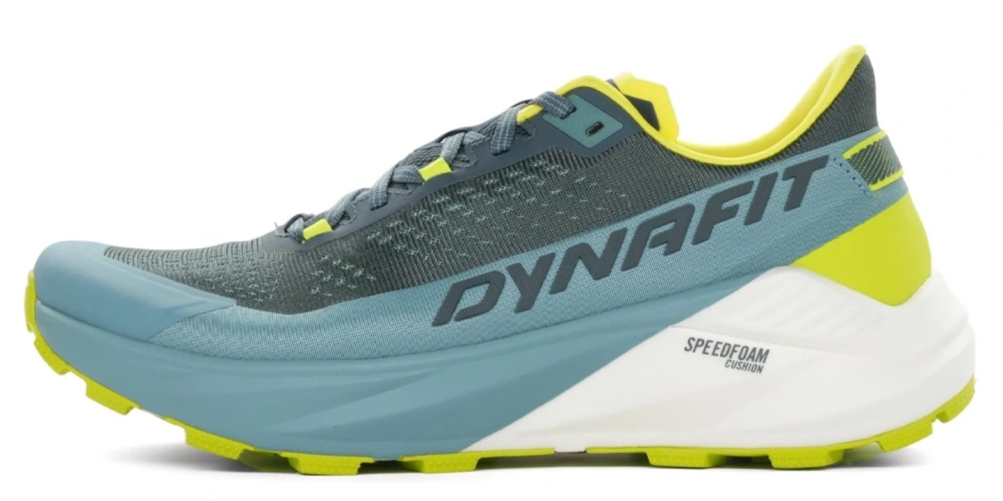 Dynafit Ultra 100 V3 trail running shoe in teal, slate and lime yellow with SpeedFoam Cushion midsole, lateral view