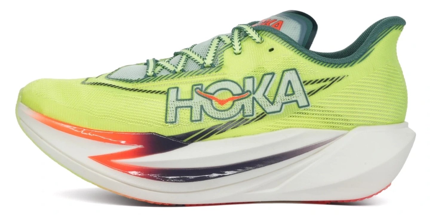 Hoka Cielo X1 3 running shoe in citrus yellow and white with orange accents, lateral side view