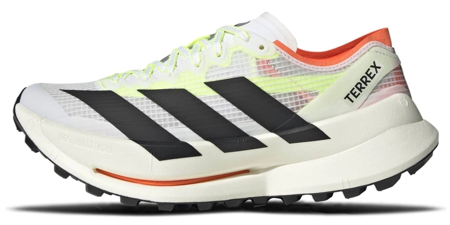 Adidas Terrex Agravic Speed Ultra 2 trail running shoe in white, black, neon yellow and orange, lateral view