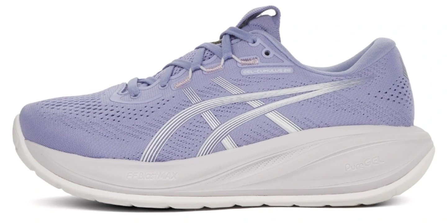 ASICS GEL-Cumulus 28 women's running shoe in pale purple with white midsole, lateral view
