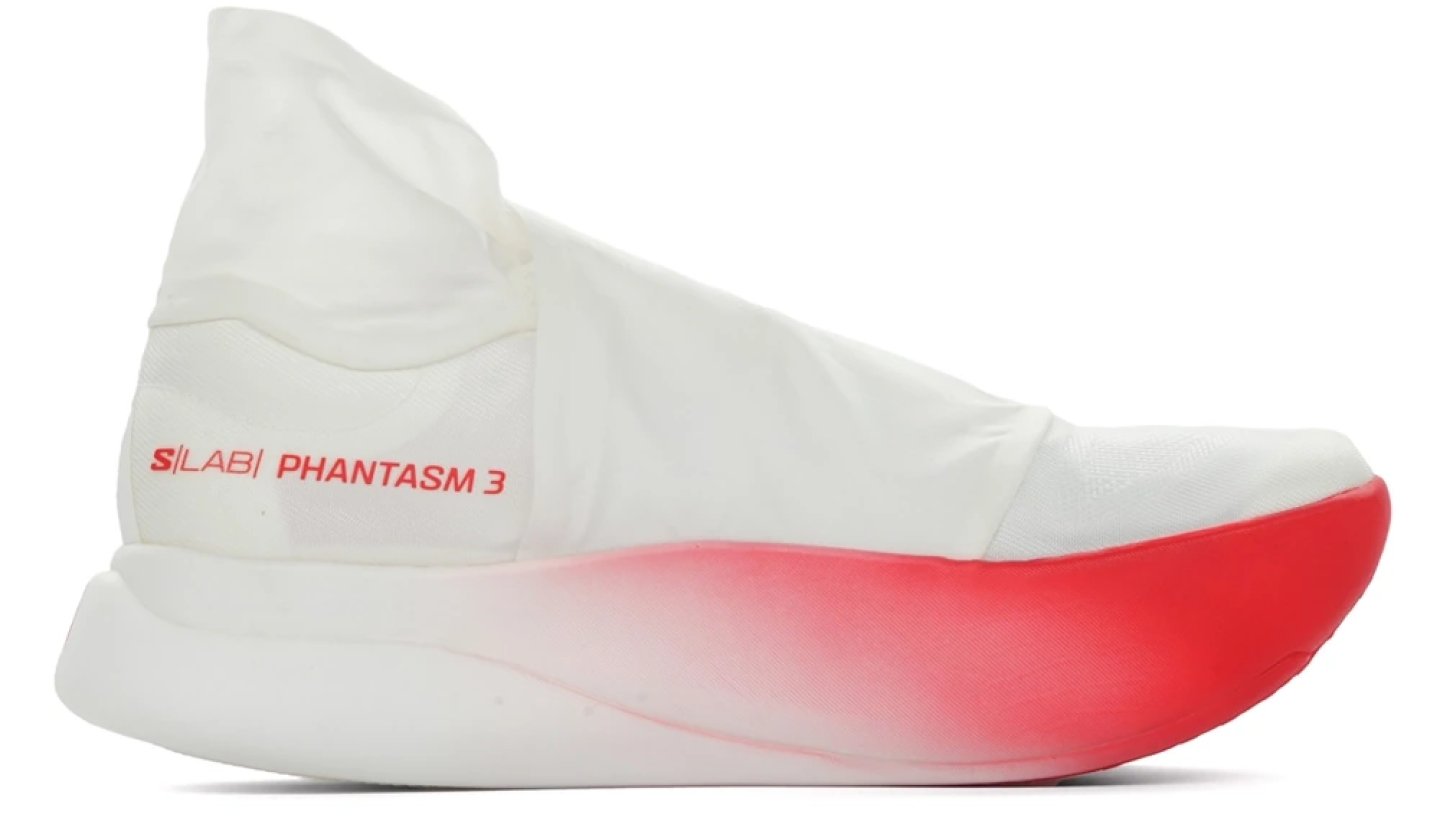 Salomon S/Lab Phantasm 3 running shoe in white with red gradient midsole, side profile view