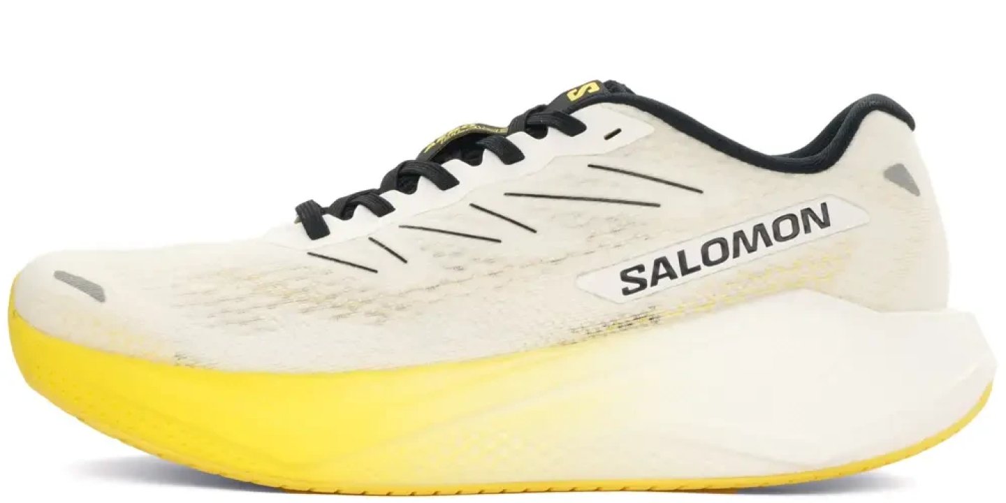 Salomon Aero Blaze 3 running shoe in white and yellow, lateral side view showing full midsole and upper