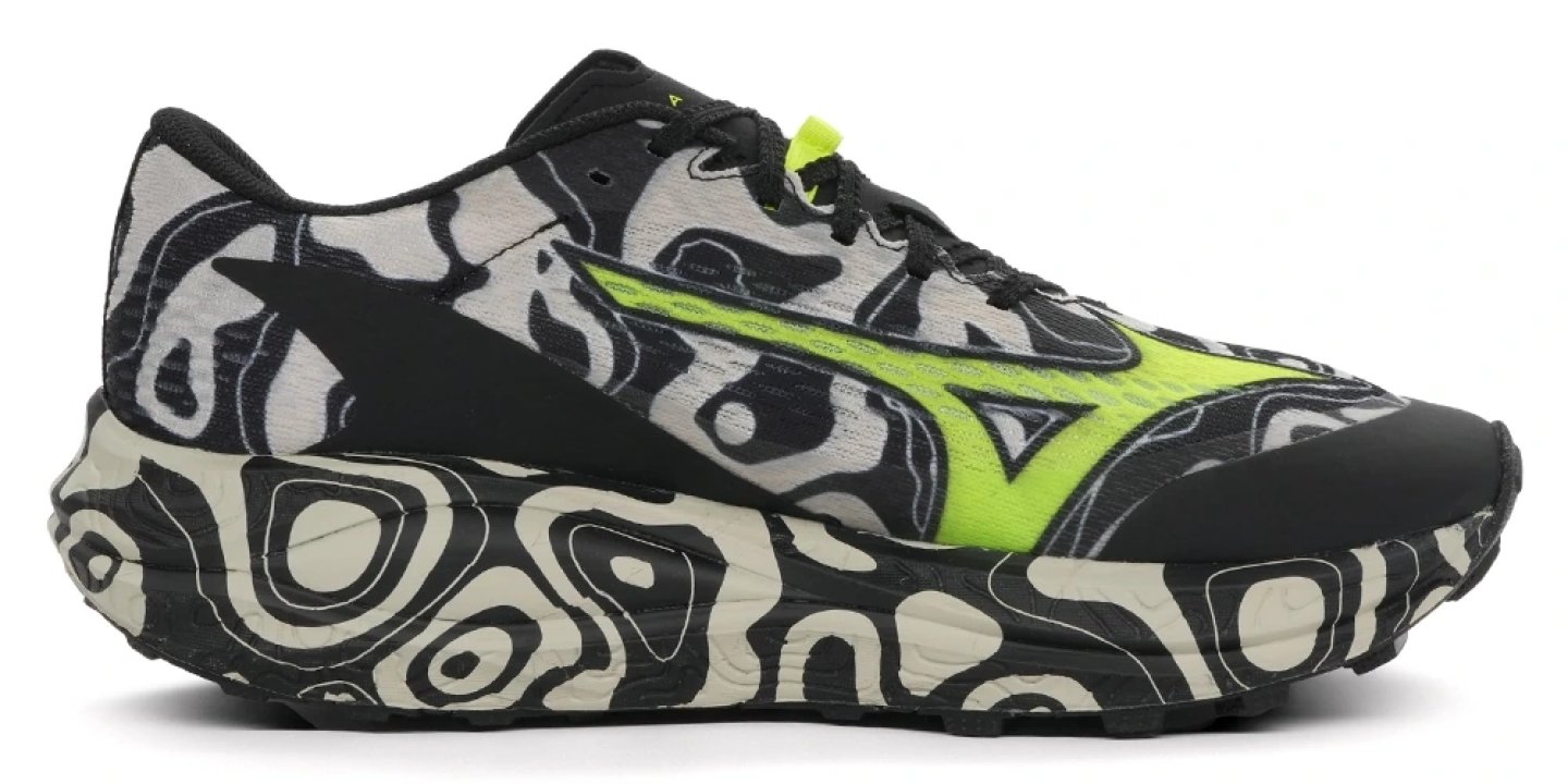 Mizuno Neo Accera Foam running shoe in black, white and neon yellow with abstract swirl print midsole, lateral view