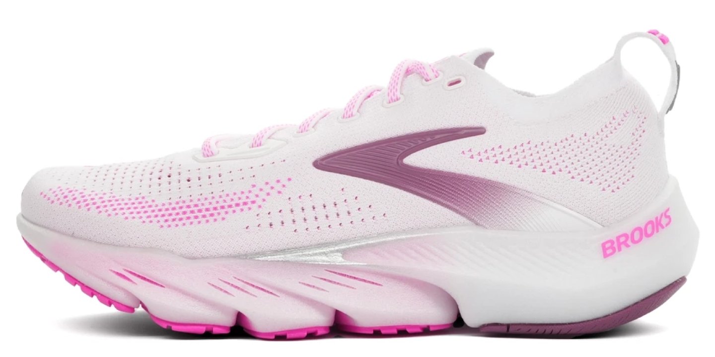 Brooks Glycerin Flex women's running shoe in white and pink with knit upper and thick midsole, lateral view