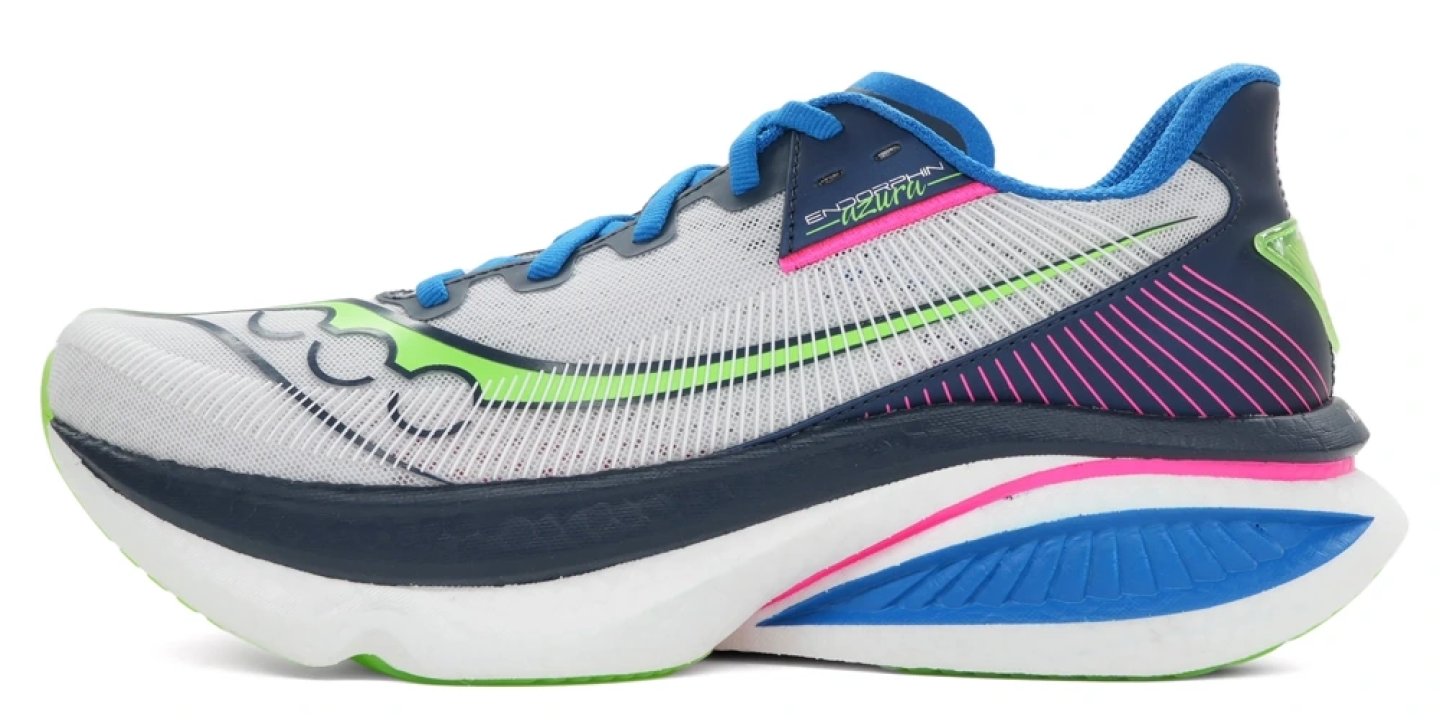 Saucony Endorphin Azura running shoe in white, navy, green and pink with blue laces, lateral view