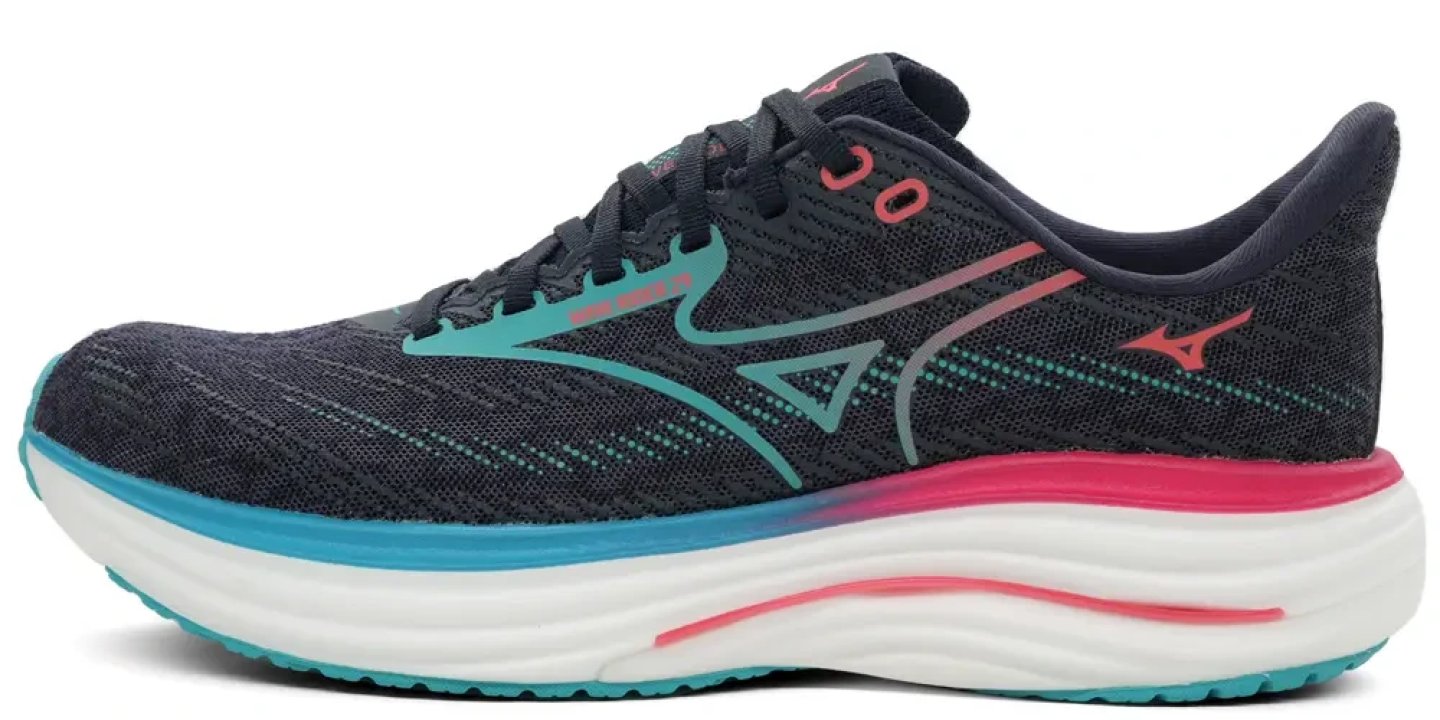 Mizuno Wave Rider 29 women's running shoe in navy with teal Mizuno logo and coral-pink midsole accent, lateral view