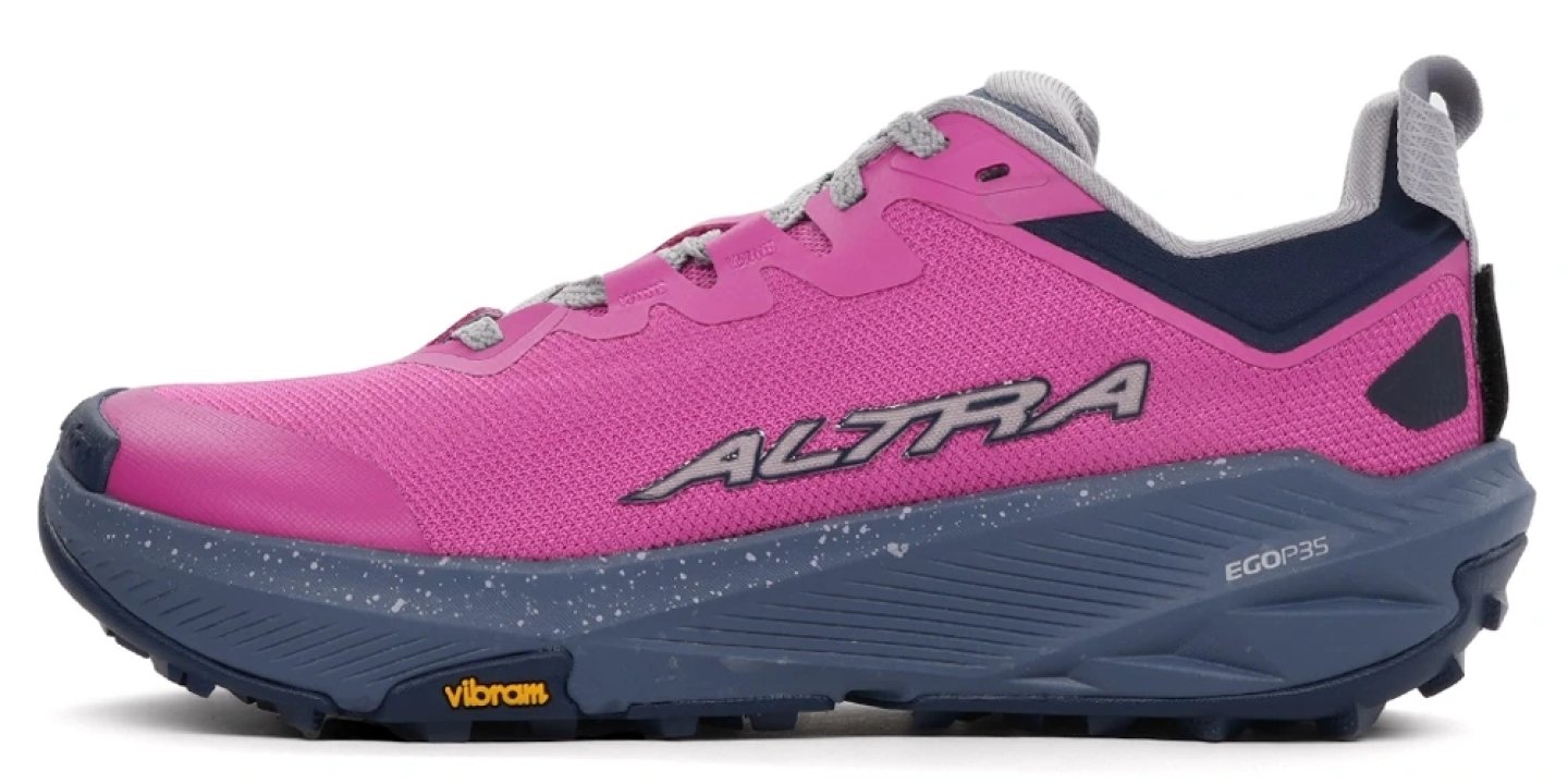 Altra Experience Wild 3 women's trail running shoe in pink and navy with Vibram outsole and EGO P35 midsole, lateral view