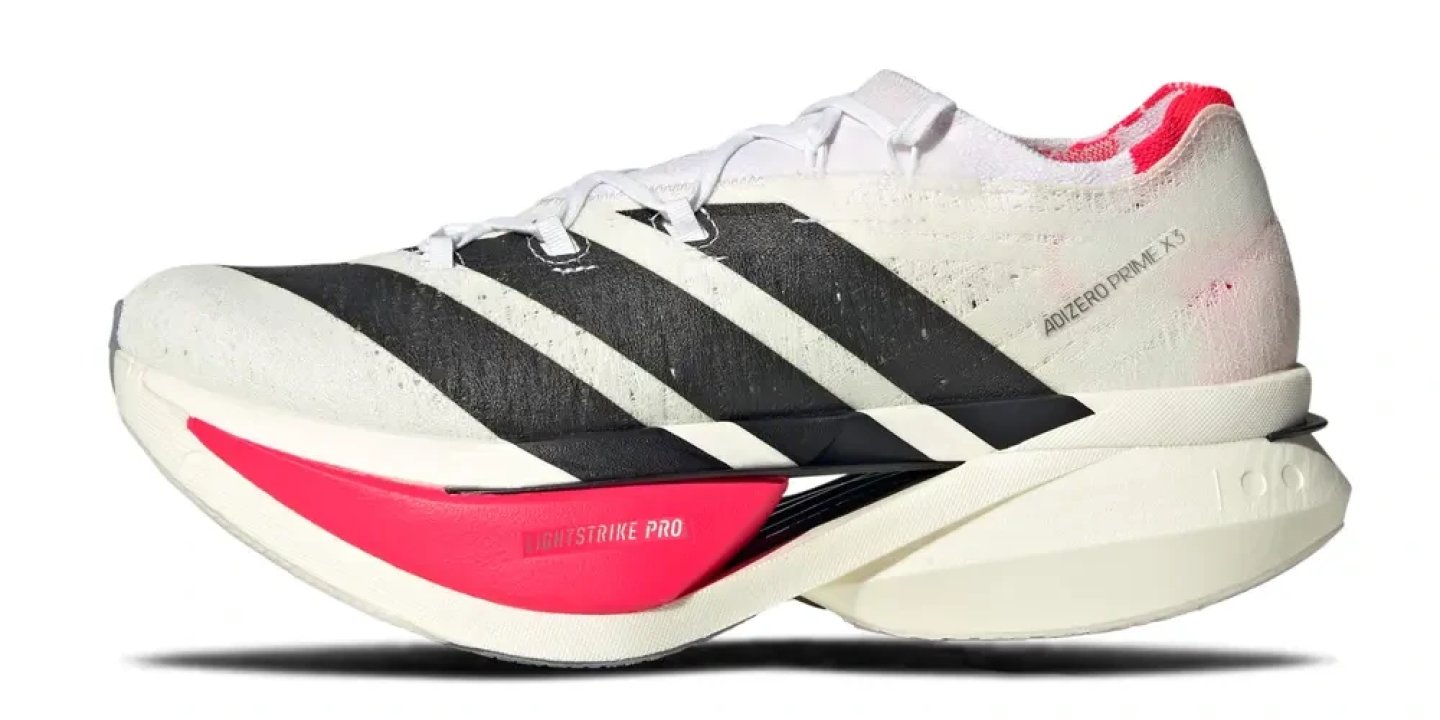 Adidas Adizero Prime X 3 Strung in white, black and pink, lateral view showing Lightstrike Pro midsole