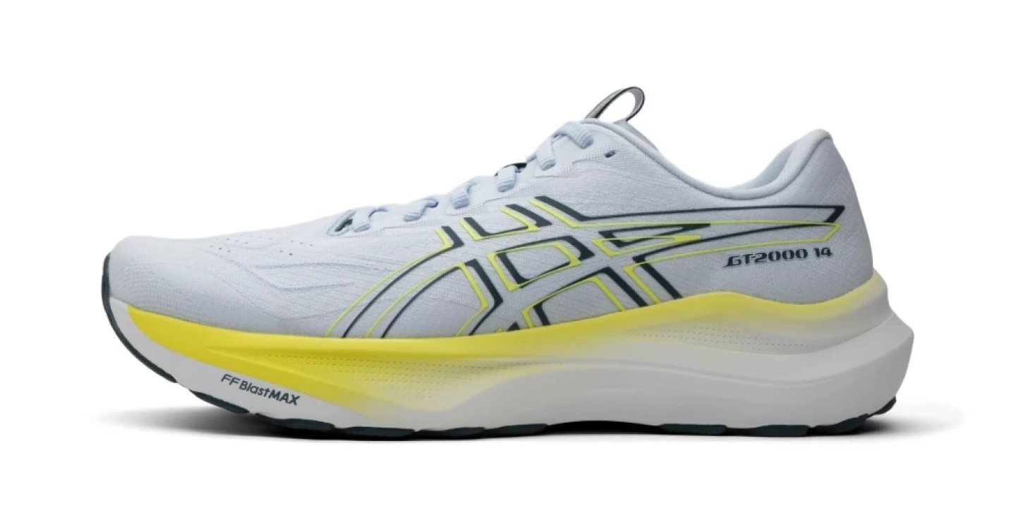 Asics GT-2000 14 running shoe in pale blue and yellow with FF BlastMAX midsole, lateral view on white background
