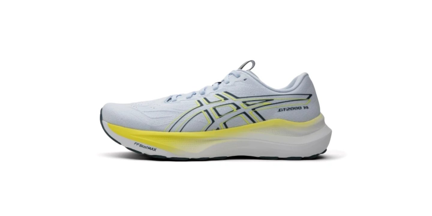 Asics GT-2000 14 running shoe in light blue and yellow with FF BlastMAX midsole, lateral view on white background