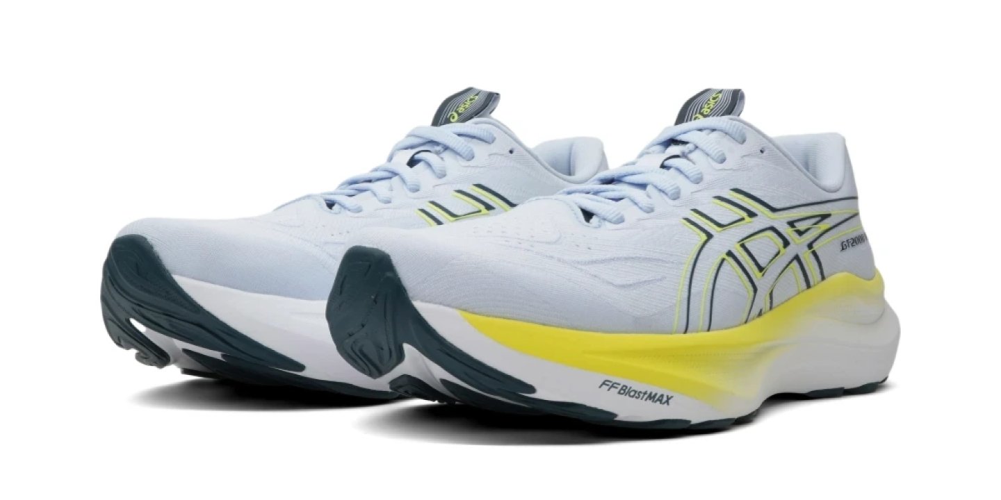 Asics GT-2000 14 running shoe in light blue and yellow with FF Blast Max midsole and teal outsole