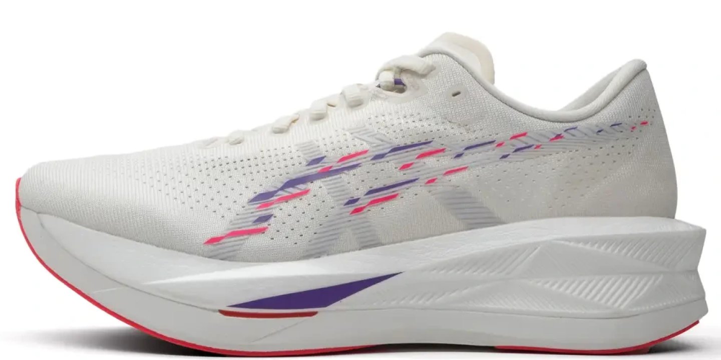 Asics Sonicblast running shoe in white with purple and pink graphic detailing, thick white midsole and red outsole, lateral view.