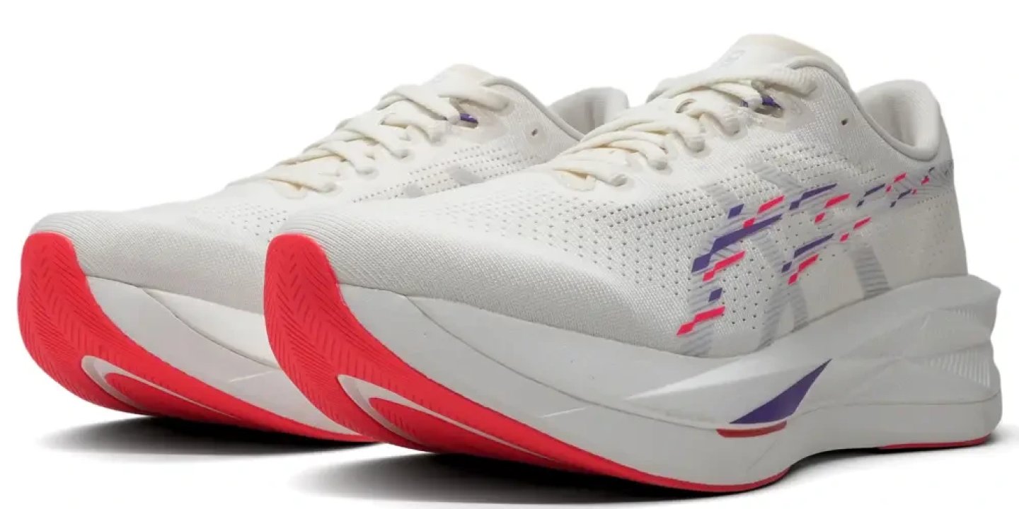 Pair of Asics Sonicblast 2 running shoes in white with red outsole and purple and pink graphic details