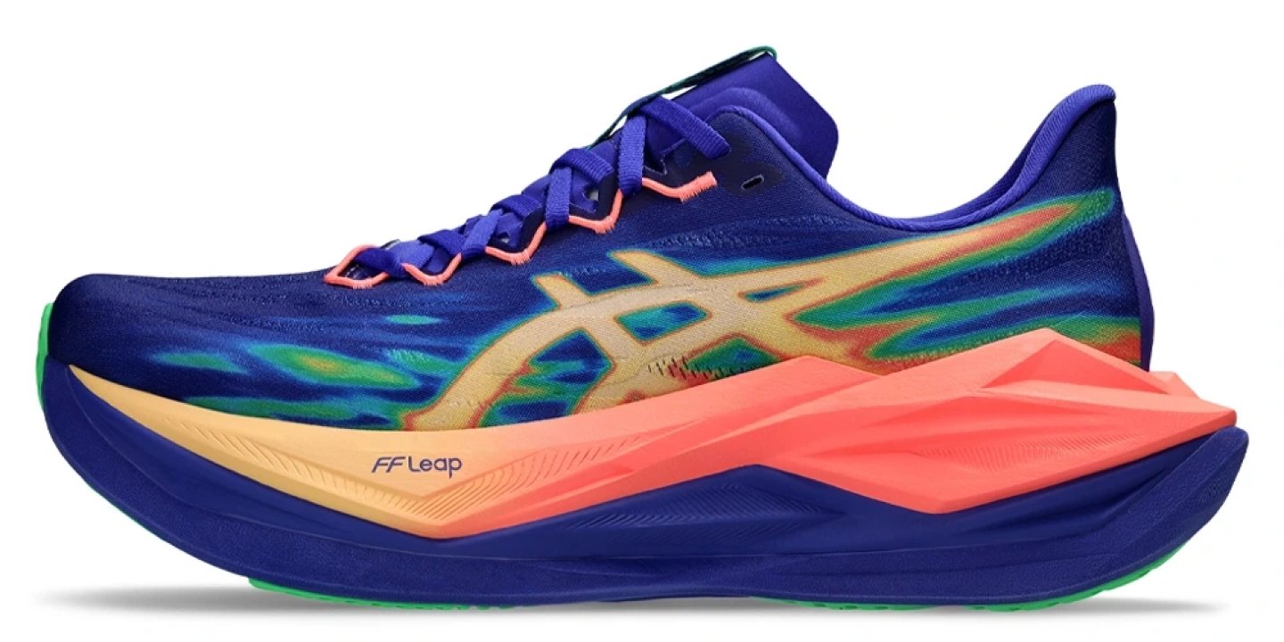 Asics Superblast 3 running shoe in blue and coral with FF Leap midsole and multicolour graphic upper, lateral view