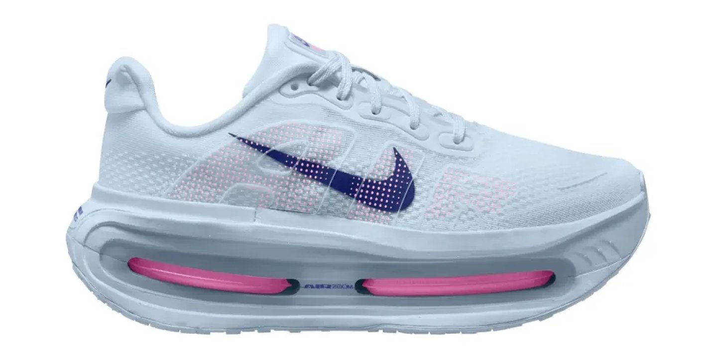 Nike Air Zoom women's running shoe in white with deep blue Swoosh and pink Air Zoom cushioning units in the midsole.