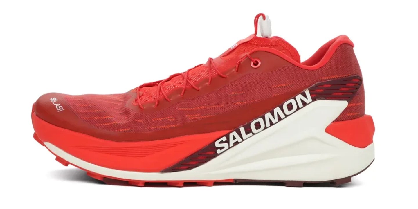 Salomon S/Lab Pulsar 4 trail running shoe in red and white, lateral side view on white background