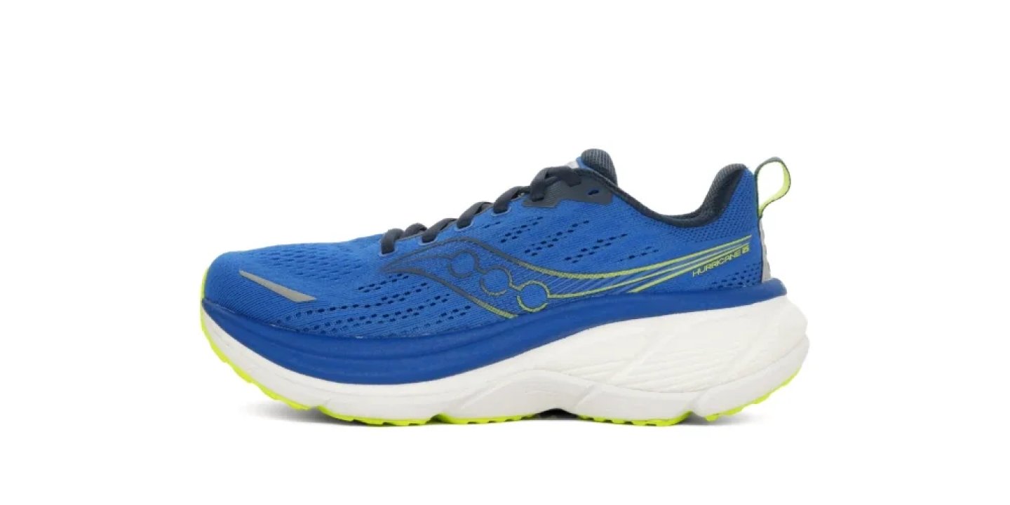 Saucony Hurricane running shoe in blue and lime green with a white cushioned midsole, lateral side view.