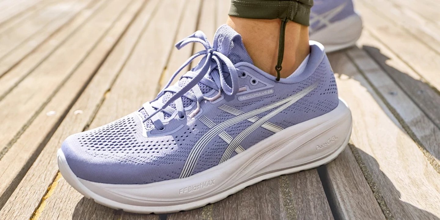 Women's ASICS Gel-Cumulus 26 running shoe in lavender blue with white FFBlastMAX midsole on wooden decking