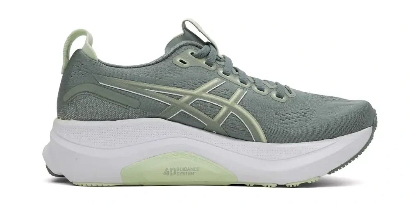 Asics Gel-Kayano 32 women's running shoe in sage green with light green 4D Guidance System midsole, lateral view