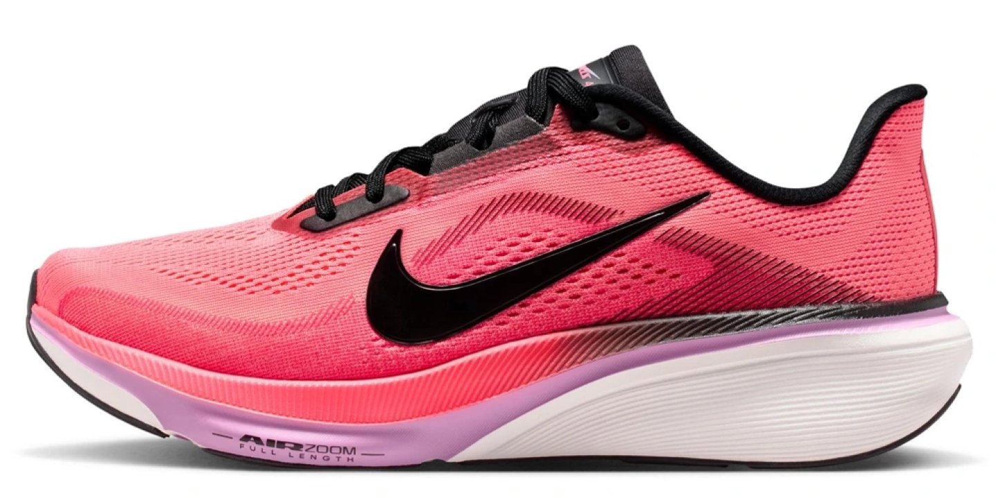 Nike Pegasus 42 running shoe in coral pink and lilac with black Swoosh and full-length Air Zoom midsole, lateral view