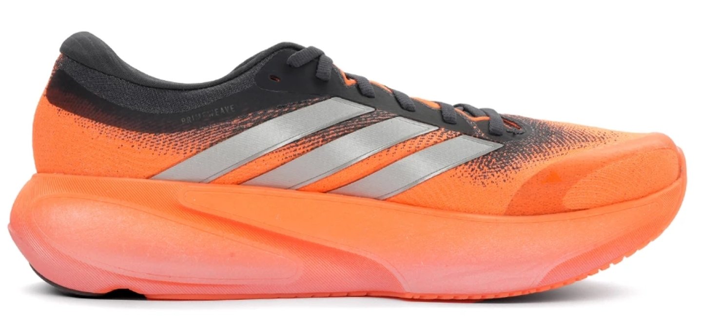 Adidas Supernova Rise 3 Foam running shoe in orange with silver three stripes and dark grey collar, lateral view