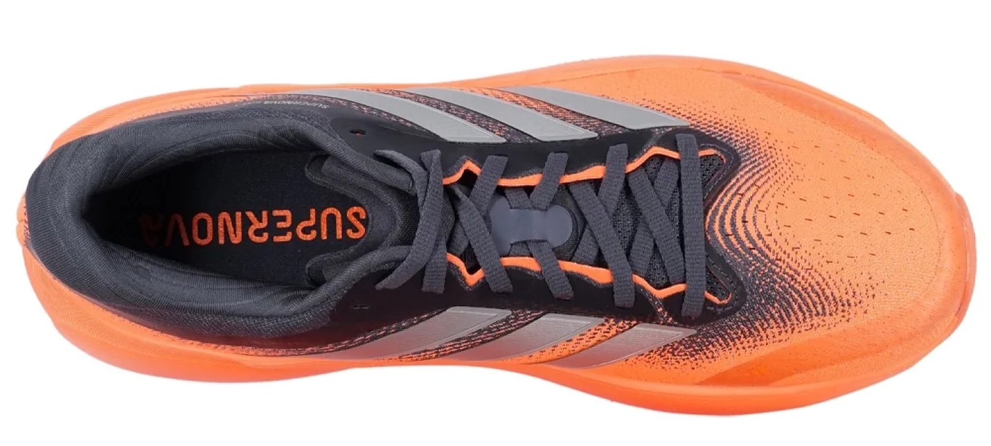 Top view of Adidas Supernova running shoe in orange and navy with silver three-stripe detail and dark laces.