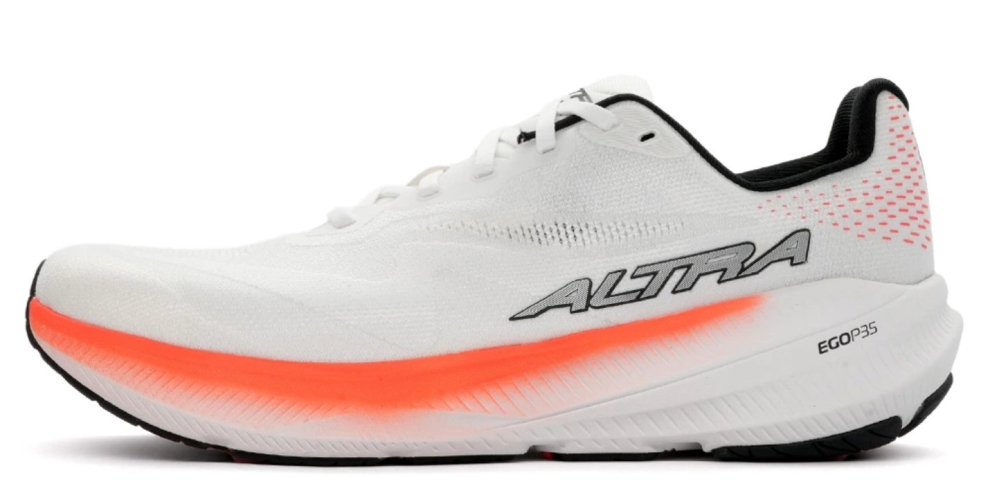 Altra Experience Flow 3 running shoe in white and coral, featuring EGO P35 midsole, lateral view