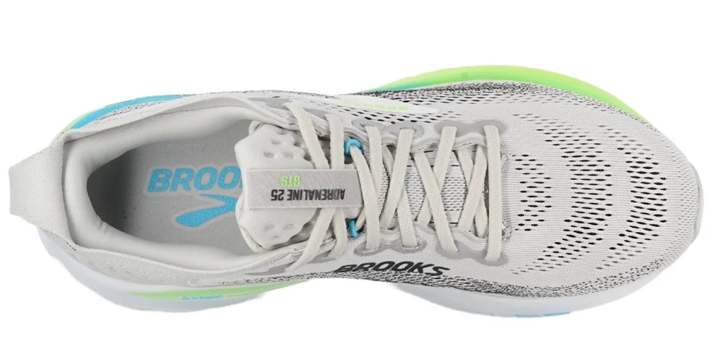 Brooks Adrenaline GTS 25 running shoe top view, light grey mesh upper with neon green and cyan accents.