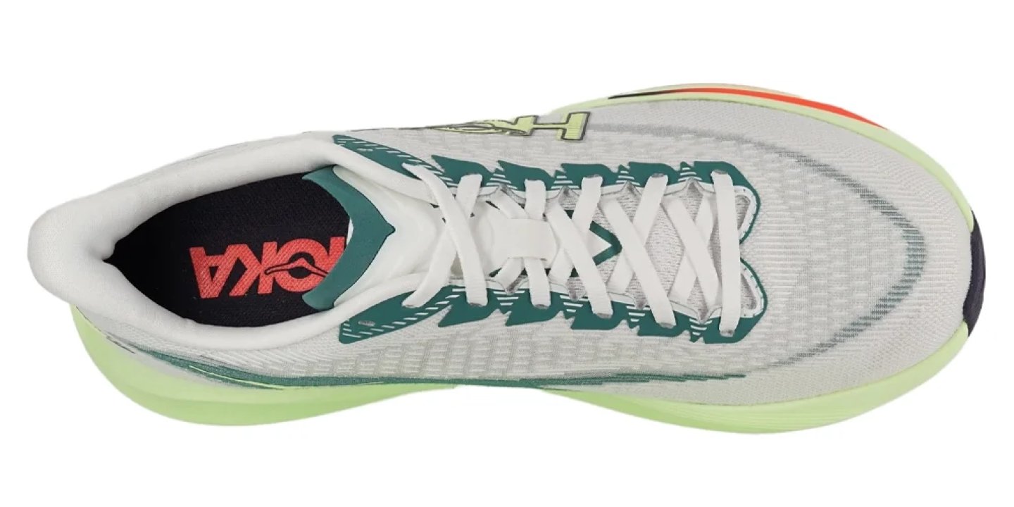 Top view of HOKA running shoe with white mesh upper, teal overlays, white laces, and lime green midsole.
