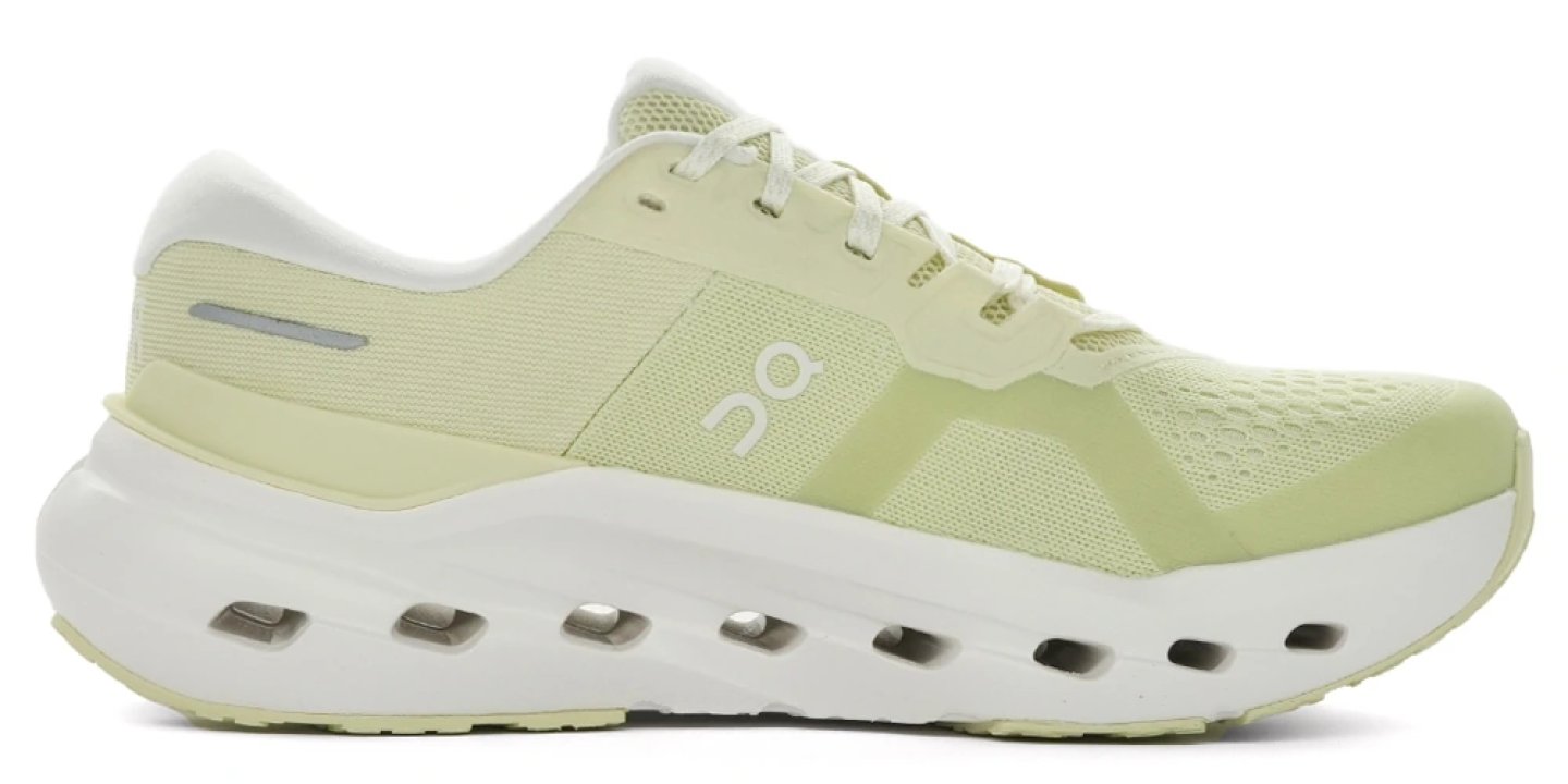 On Cloudrunner 3 Foam running shoe in lime green and white, lateral view showing CloudTec midsole and mesh upper