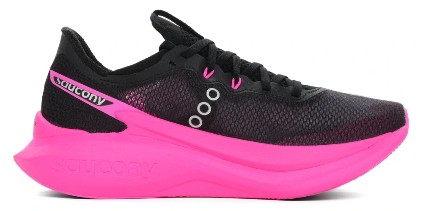 Saucony Endorphin Pro 5 running shoe in black and pink, lateral view showing mesh upper and thick foam midsole