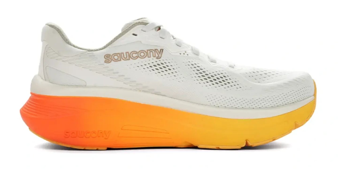 Saucony Guide 19 running shoe in white with gradient orange and yellow midsole, lateral side view on white background.
