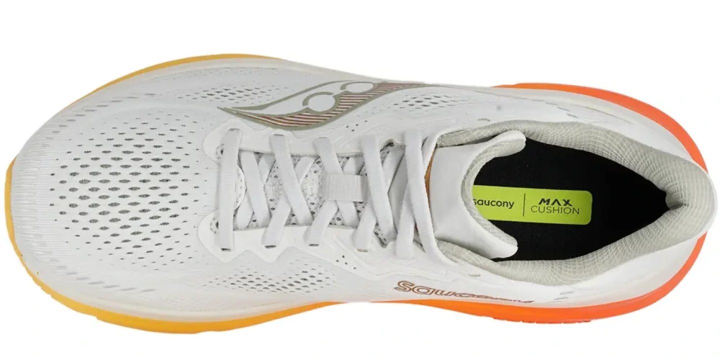 Top view of Saucony Max Cushion running shoe in white with orange midsole and yellow-green insole branding