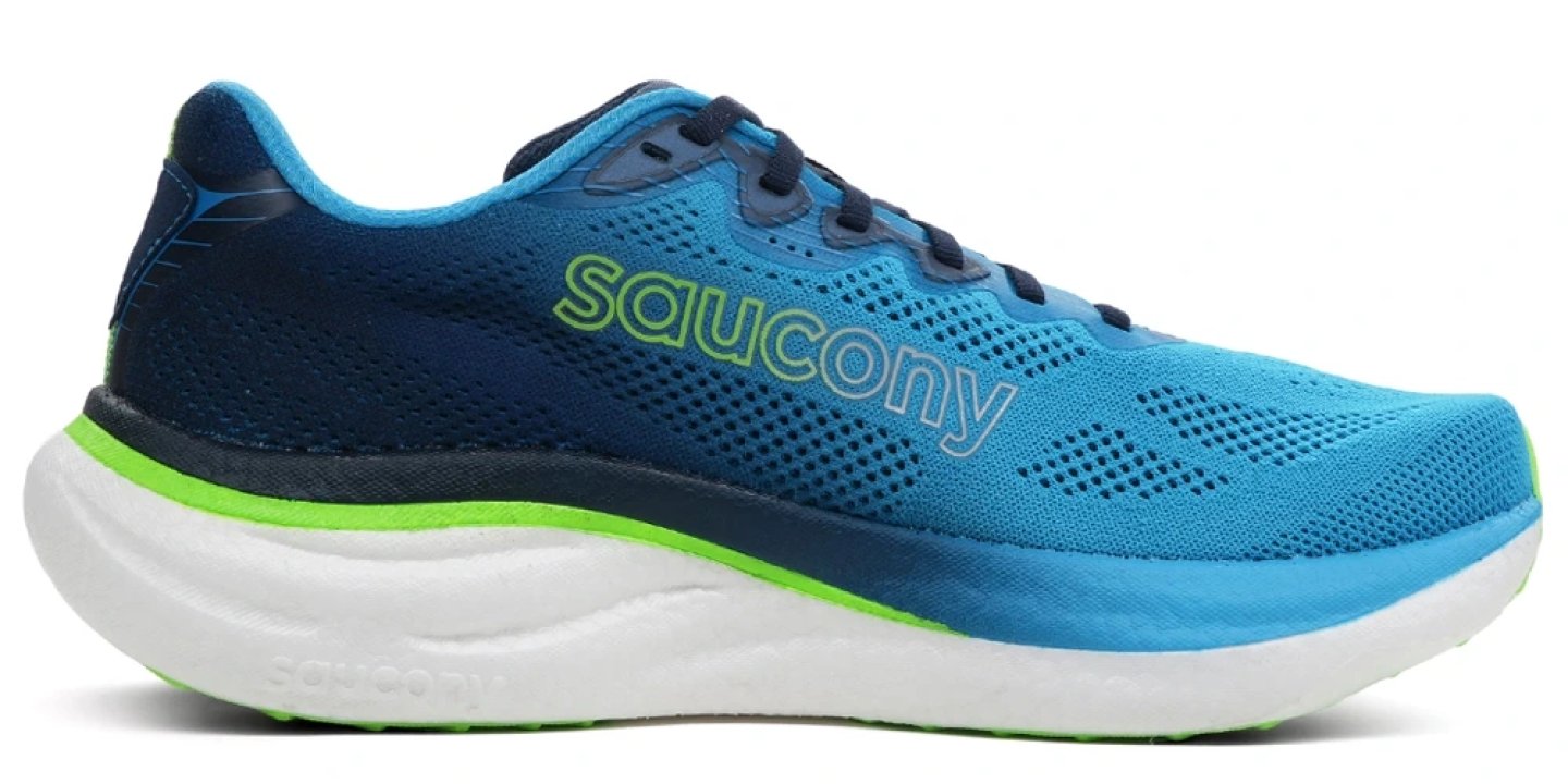 Saucony Ride 19 men's running shoe in blue and navy with lime green accents, lateral side view