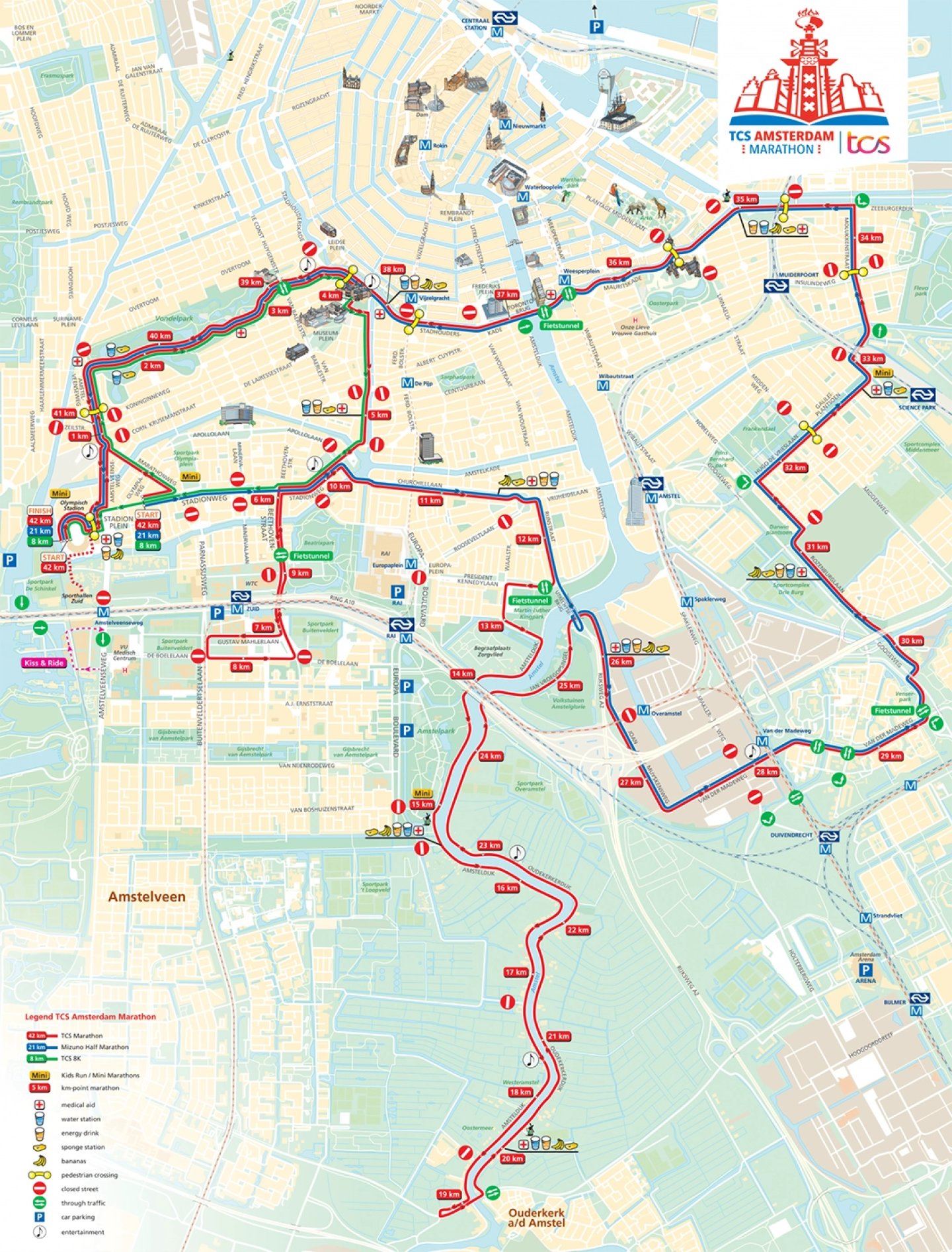 TCS Amsterdam Marathon 2023 course map showing marathon, half marathon, 8km and Kids Run routes through Amsterdam city