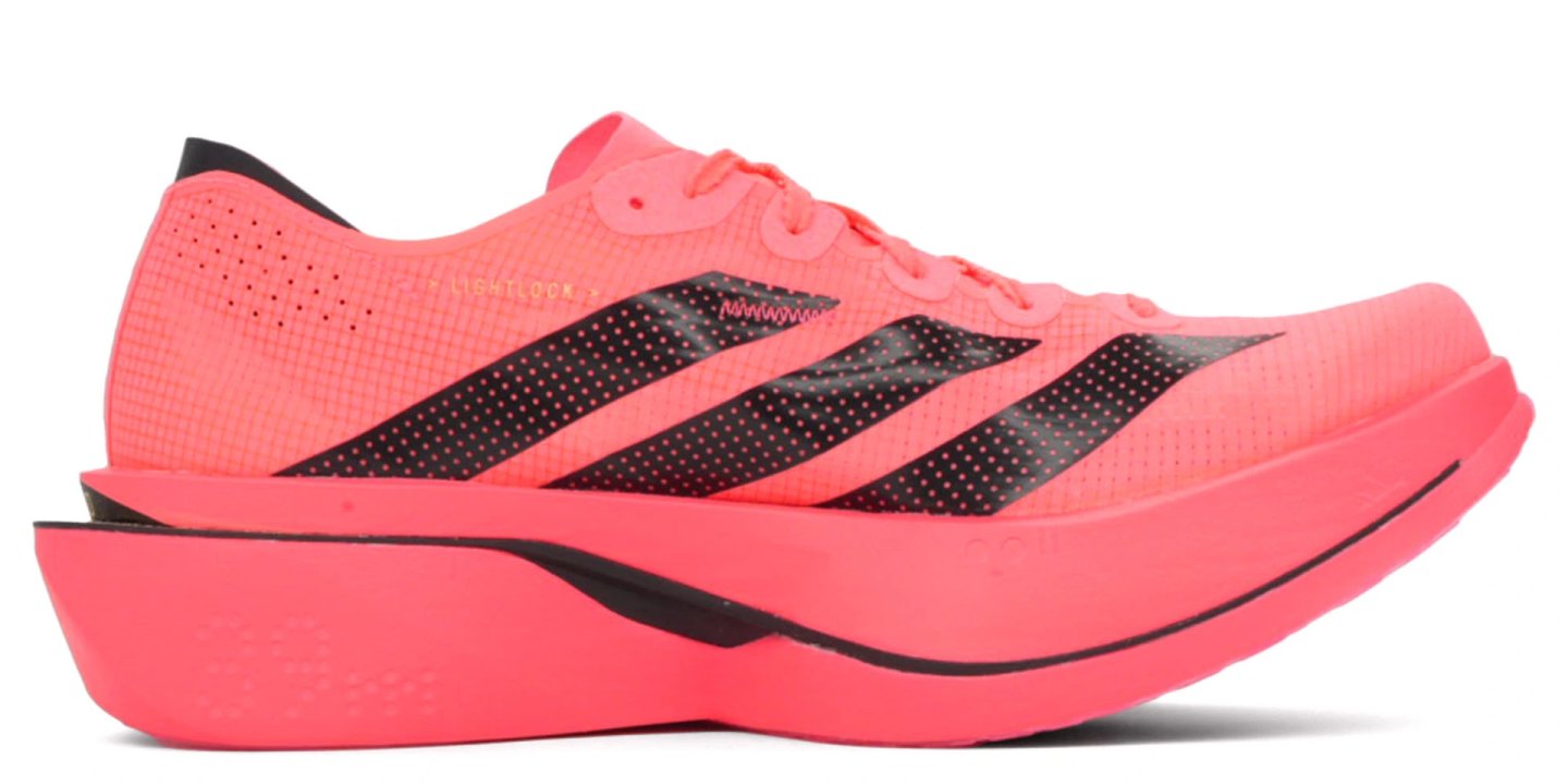 Adidas Adizero Adios Pro 5 running shoe in coral pink with black three stripes and thick rocker midsole, lateral view