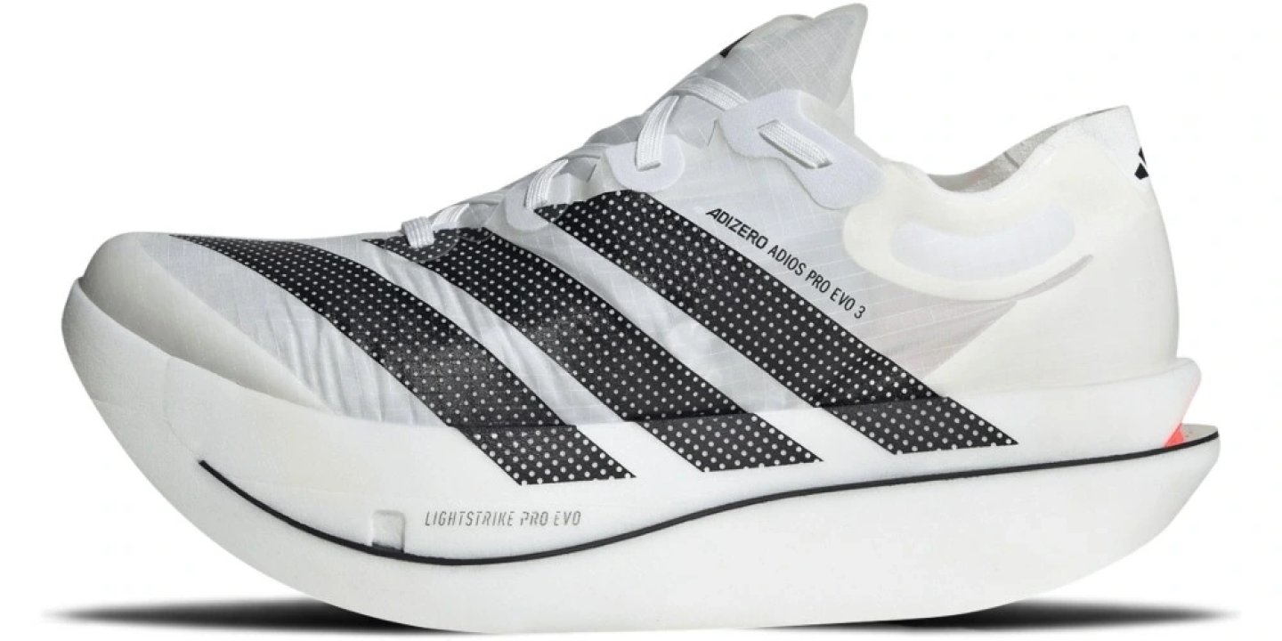 Adidas Adizero Adios Pro Evo 3 in white and black with Lightstrike Pro Evo midsole, lateral view