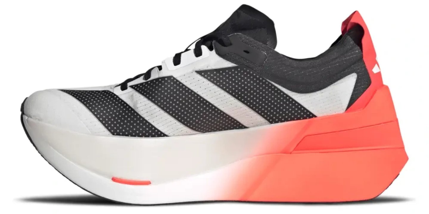 Adidas Adizero Dropset Elite in white, black and coral, lateral view showing thick midsole and three-stripe upper
