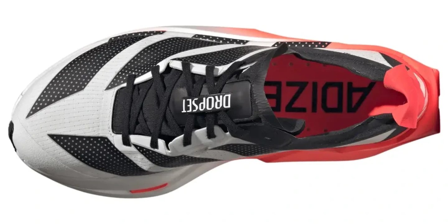 Top-down view of the Adidas Adizero Dropset Elite running shoe in white, black, and solar red
