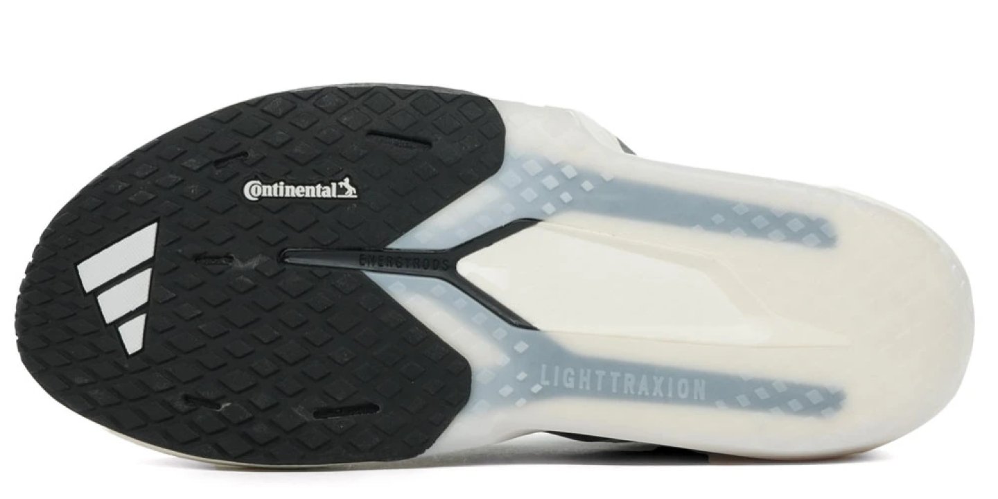 Bottom view of the Adidas Adizero Dropset Pro Trainer showing Continental rubber heel grip, Lighttraxion forefoot zone and adidas logo