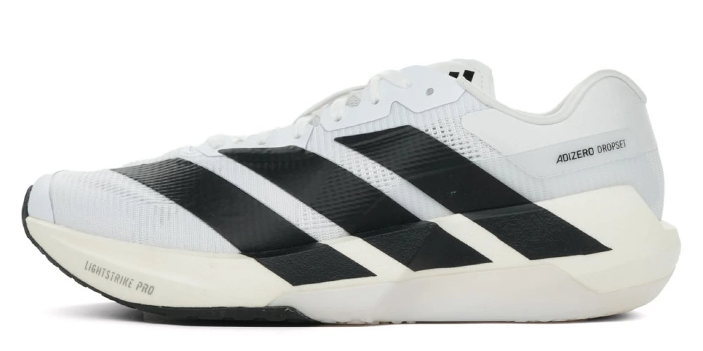 Adidas Adizero Dropset Pro trainer running shoe in white and black with Lightstrike Pro midsole, lateral view
