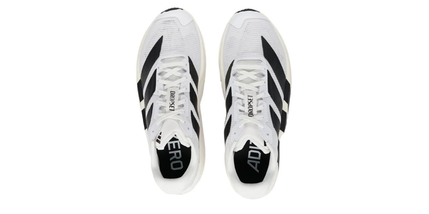 Adidas Adizero Dropset Pro Trainer training shoes in white and black, top-down view showing both shoes with three-stripe branding