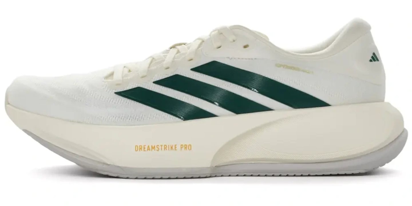 Adidas Supernova Prima 3 running shoe in off-white with dark green three stripes and Dreamstrike Pro midsole, lateral view