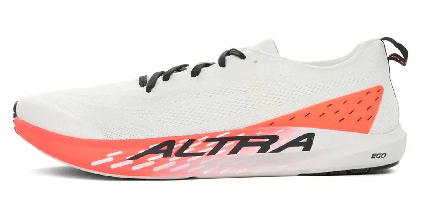 Altra Vanish Pulse running shoe in white and coral colorway with EGO midsole, lateral side view on white background