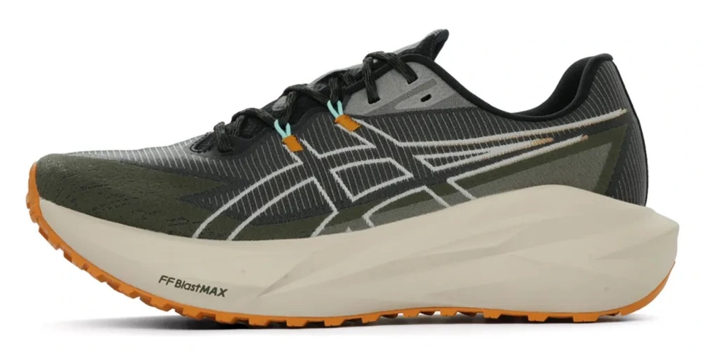 Asics Blaze Blast 6 trail running shoe in olive green and black with cream FFBlastMAX midsole and orange outsole