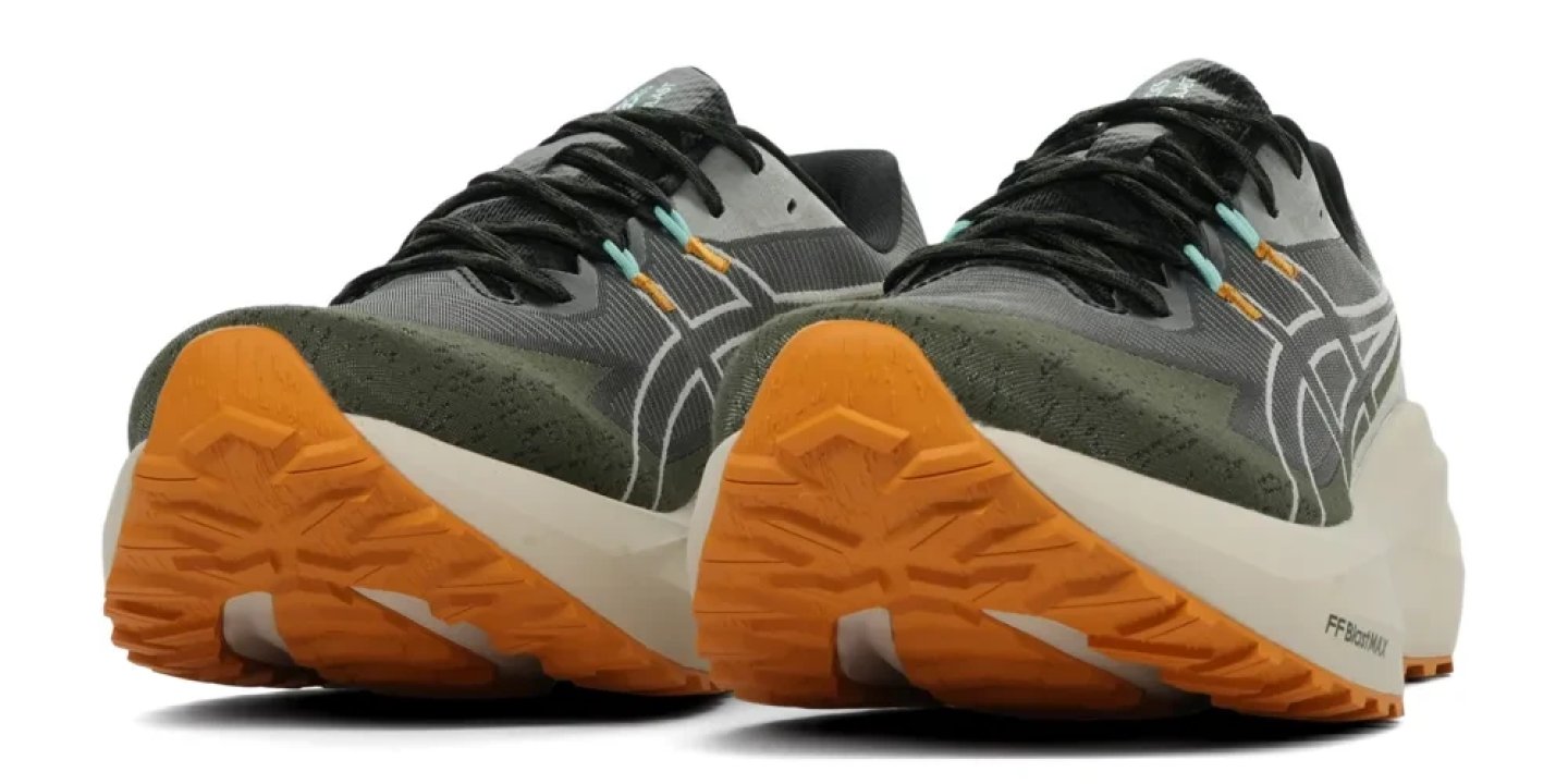 Rear view of two Asics Blazeblast running shoes showing FF BlastMax midsole, orange outsole, and olive-grey upper.