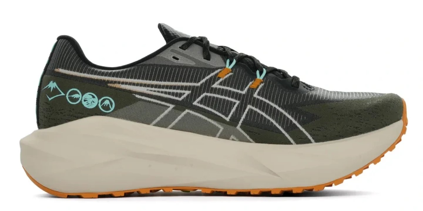 Asics Gel-BlazeBLAST trail running shoe in olive green and charcoal with cream midsole and amber outsole, lateral view